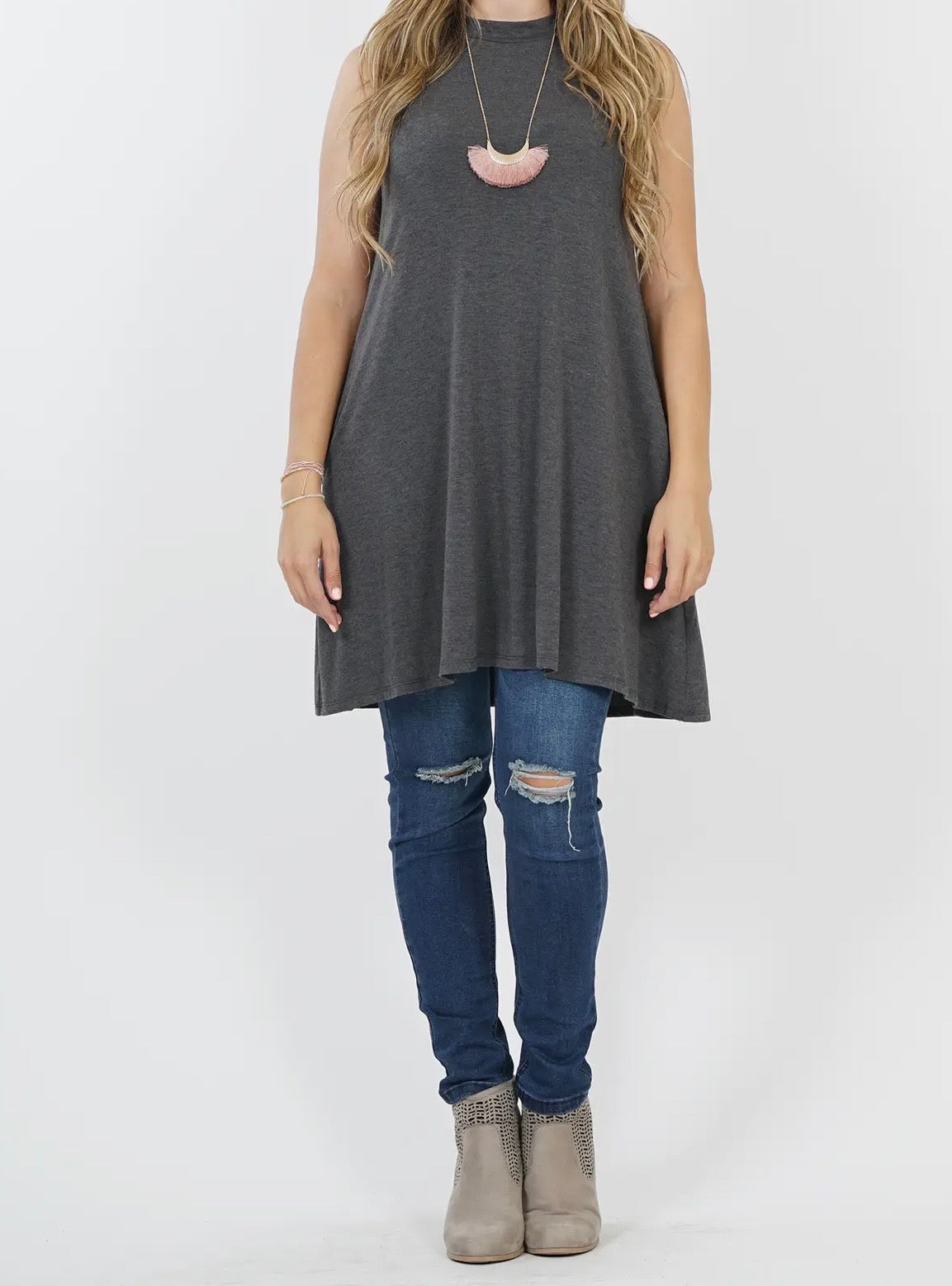 Plus Size Mock Neck Convertible Sleeveless Tunic